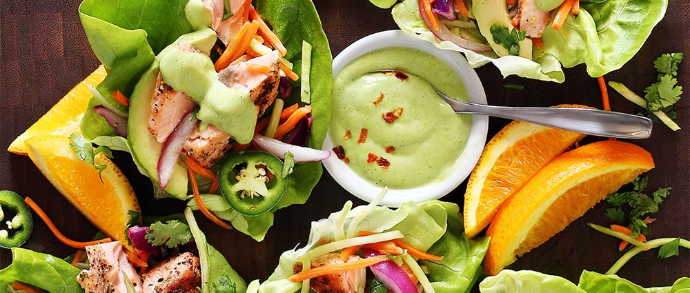 Easy Paleo Grilled Salmon & Lettuce Wrap Tacos with Avocado Sauce Recipe image